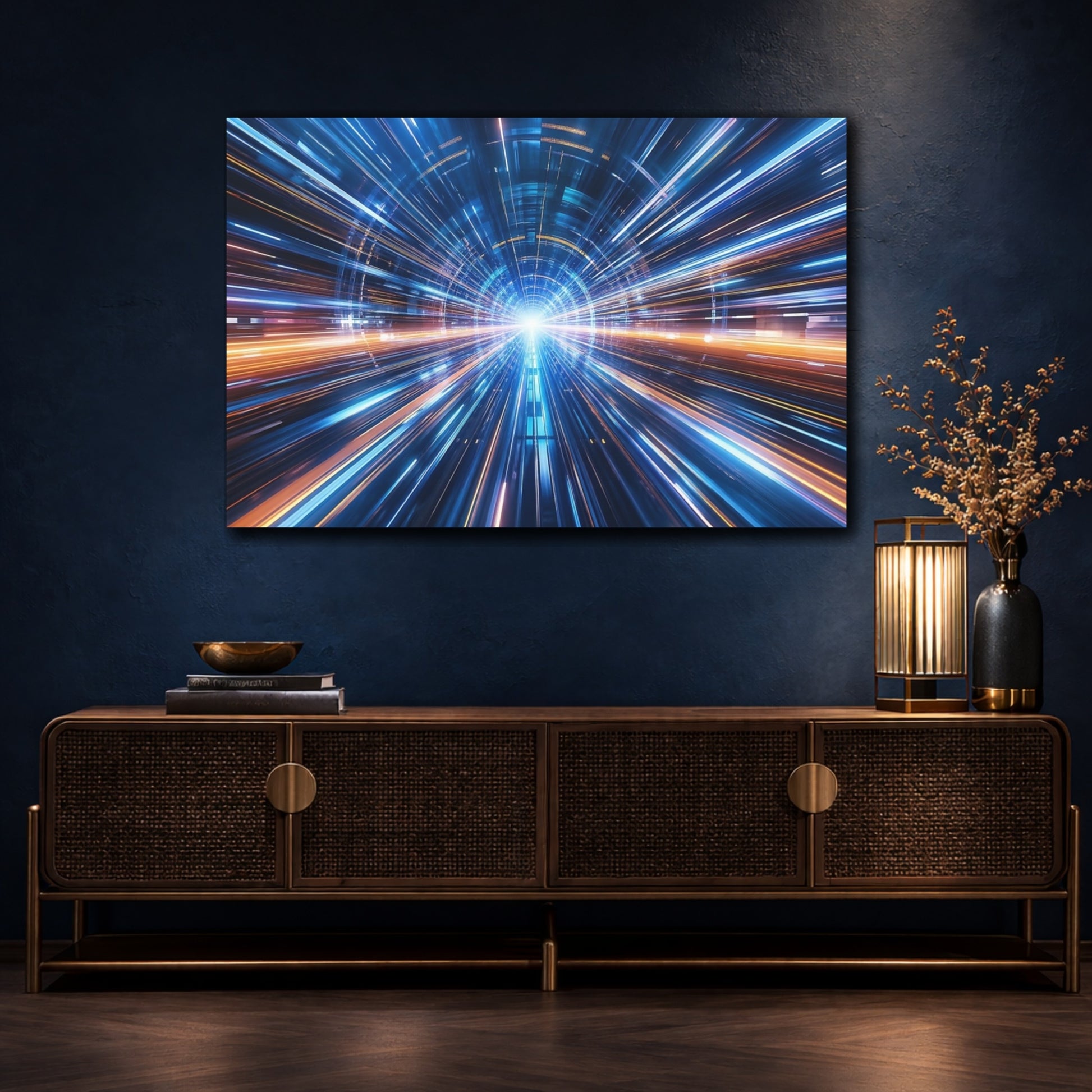 Mockup 4. Science Fiction Light Tunnel Blue And Orange shown as stretched canvas wall art