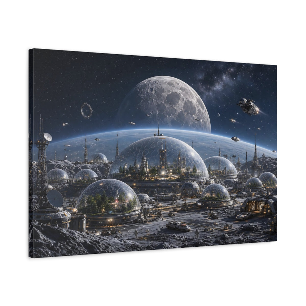 Side Mockup 2. Science Fiction Lunar City Blue And Grey shown as stretched canvas wall art