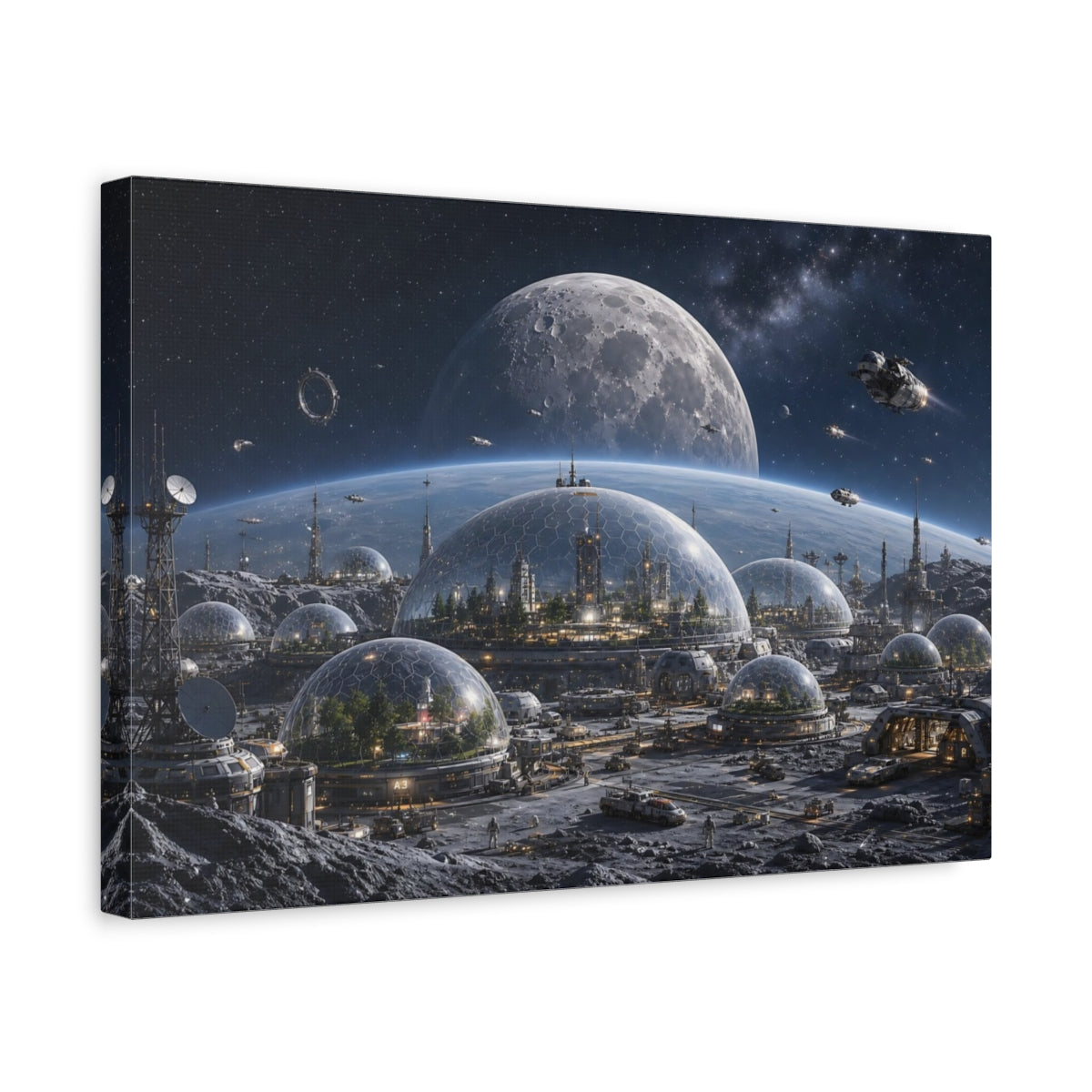Side Mockup 4. Science Fiction Lunar City Blue And Grey shown as stretched canvas wall art
