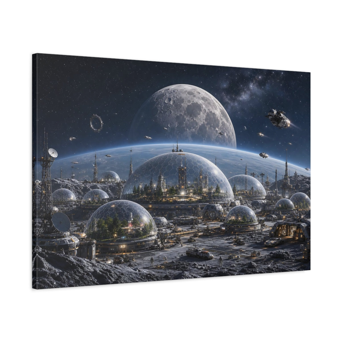 Main Mockup. Science Fiction Lunar City Blue And Grey shown as stretched canvas wall art