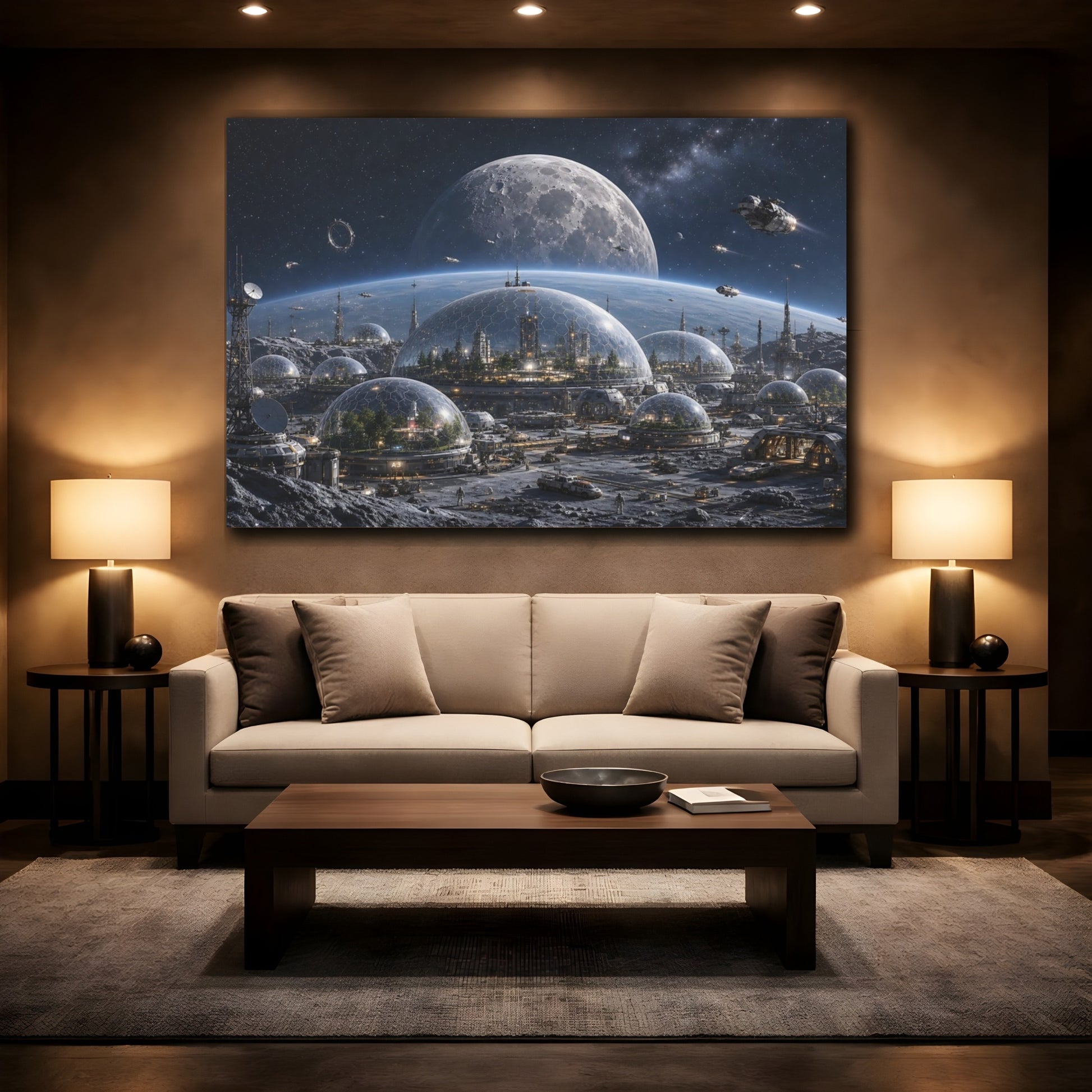 Mockup 2. Science Fiction Lunar City Blue And Grey shown as stretched canvas wall art