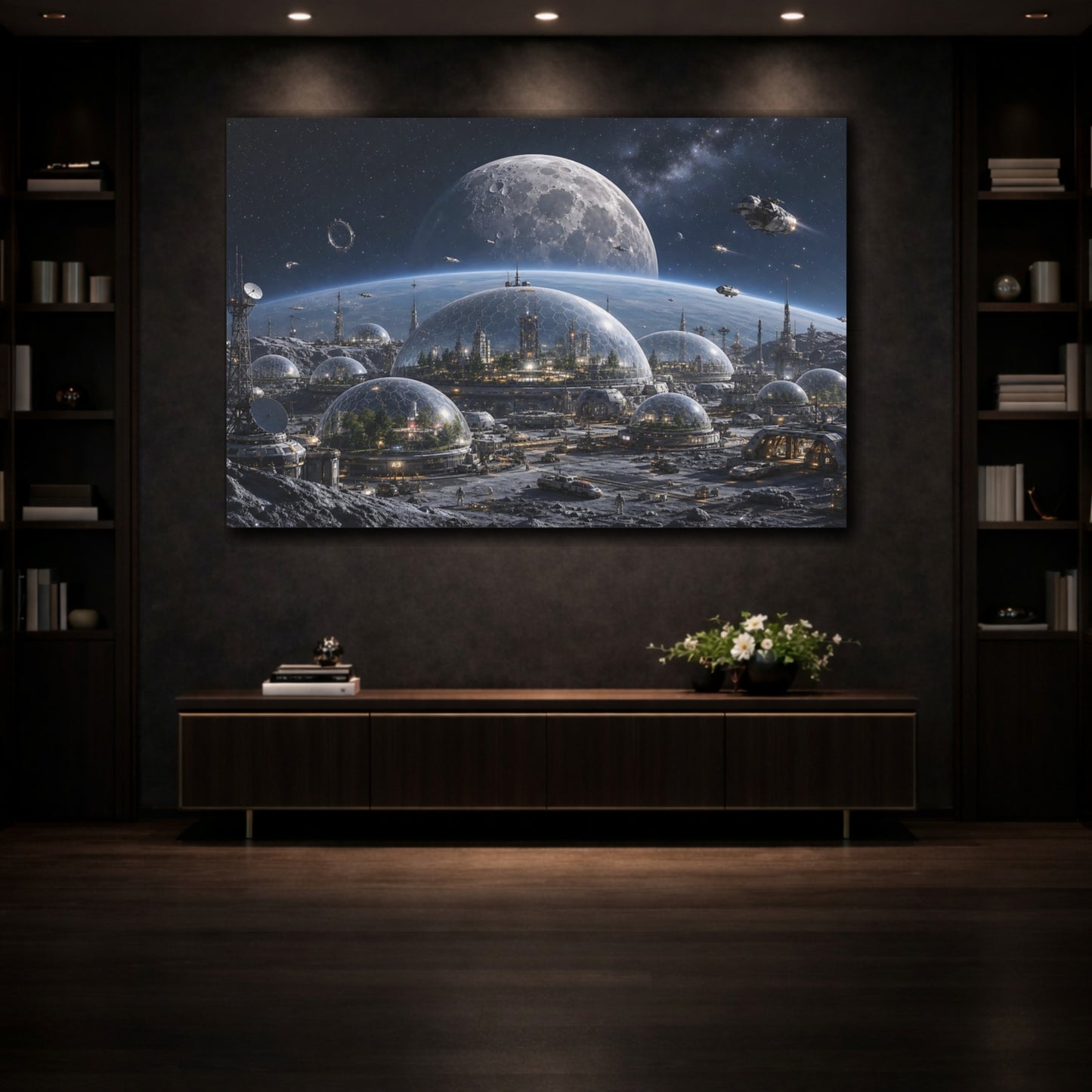 Mockup 3. Science Fiction Lunar City Blue And Grey shown as stretched canvas wall art