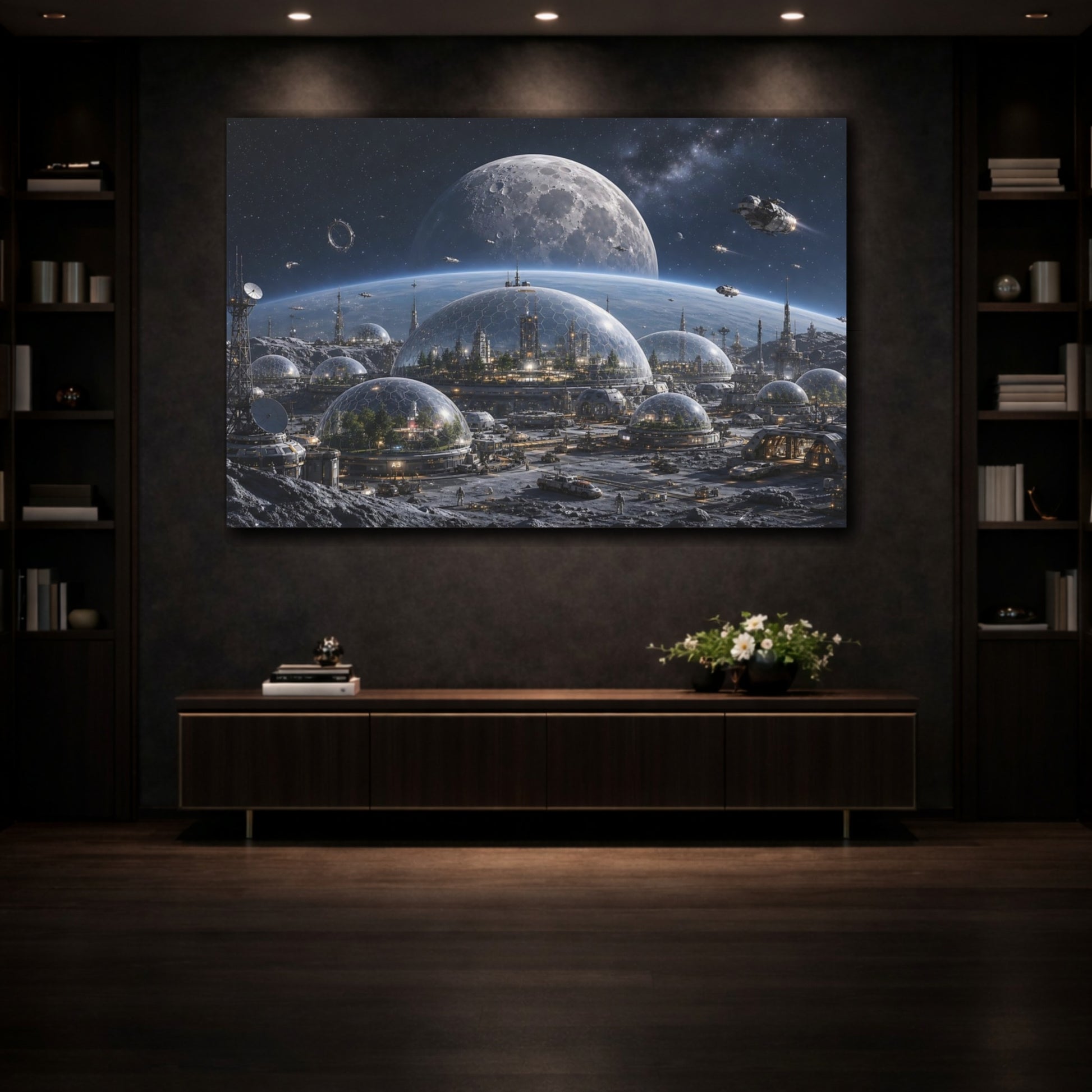 Mockup 3. Science Fiction Lunar City Blue And Grey shown as stretched canvas wall art