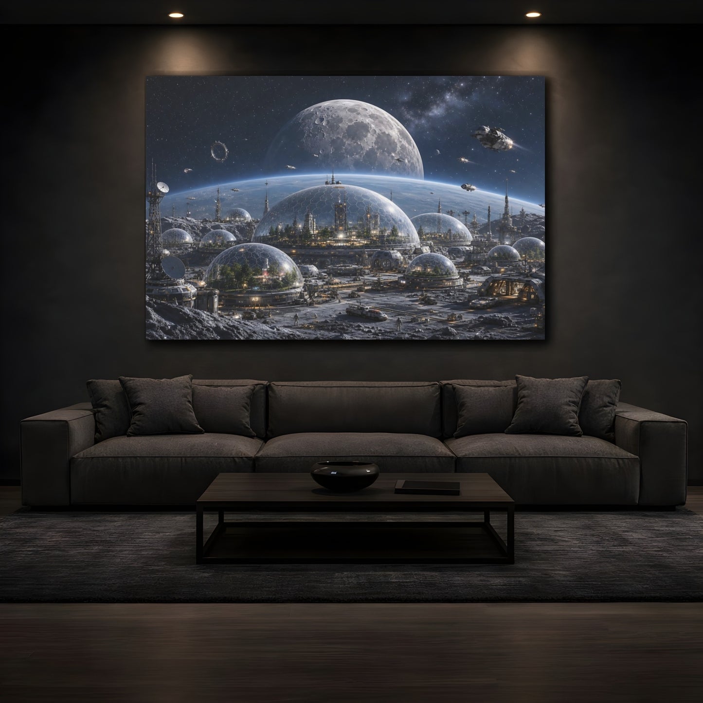 Mockup 4. Science Fiction Lunar City Blue And Grey shown as stretched canvas wall art
