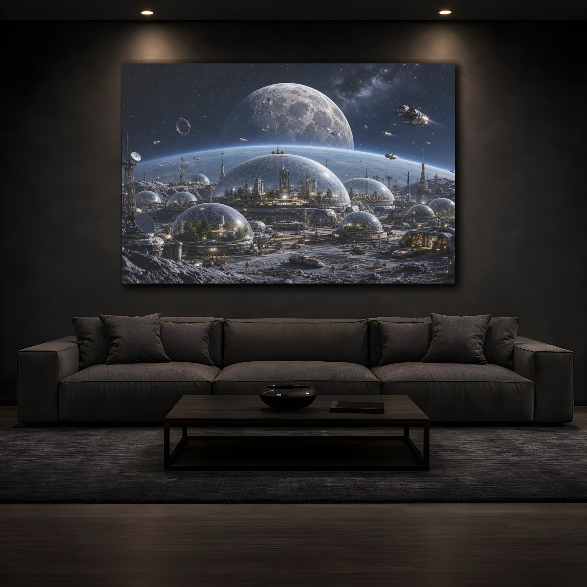 Mockup 4. Science Fiction Lunar City Blue And Grey shown as stretched canvas wall art