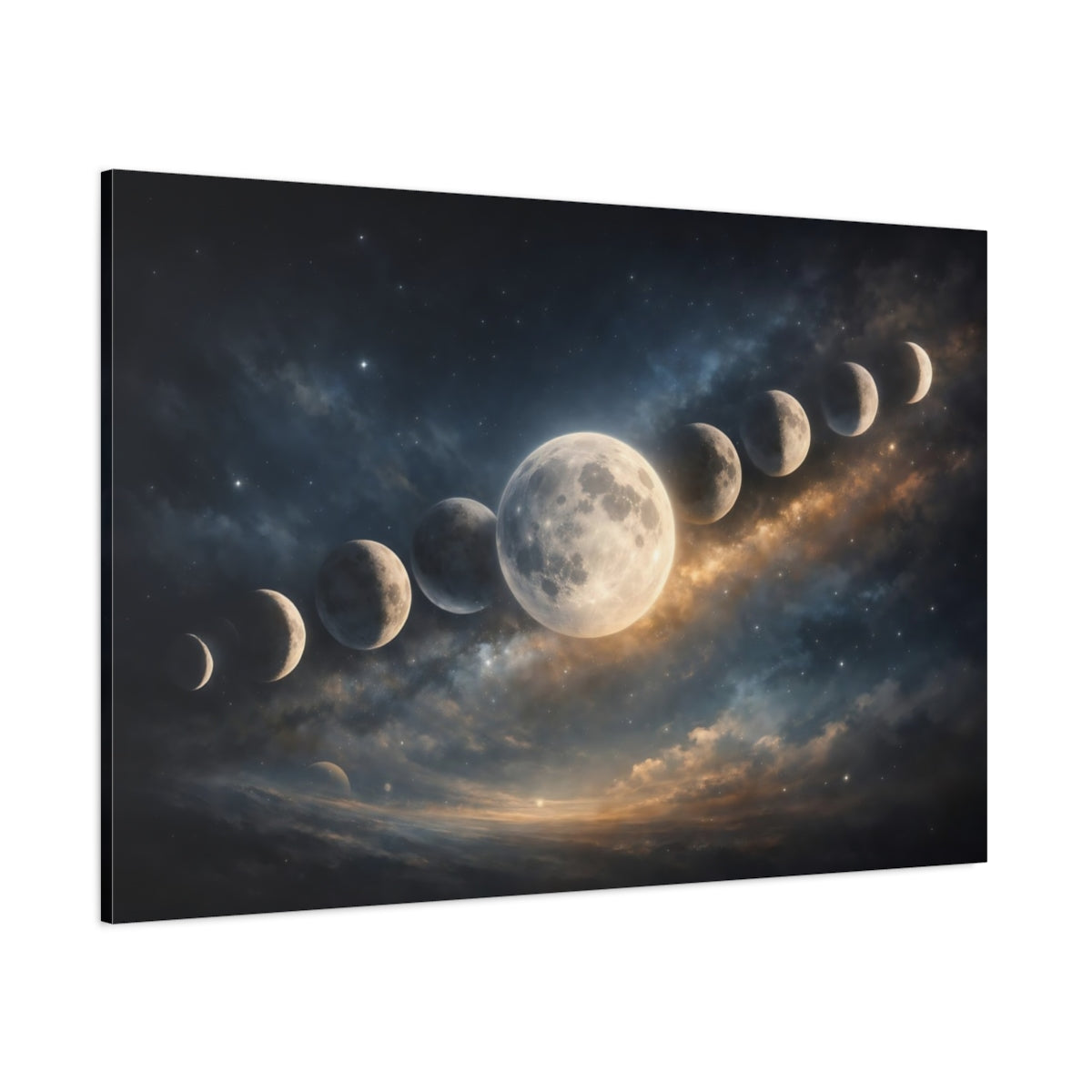 Science Fiction Lunar Phases Blue And Gold Space Art shown as stretched canvas wall art