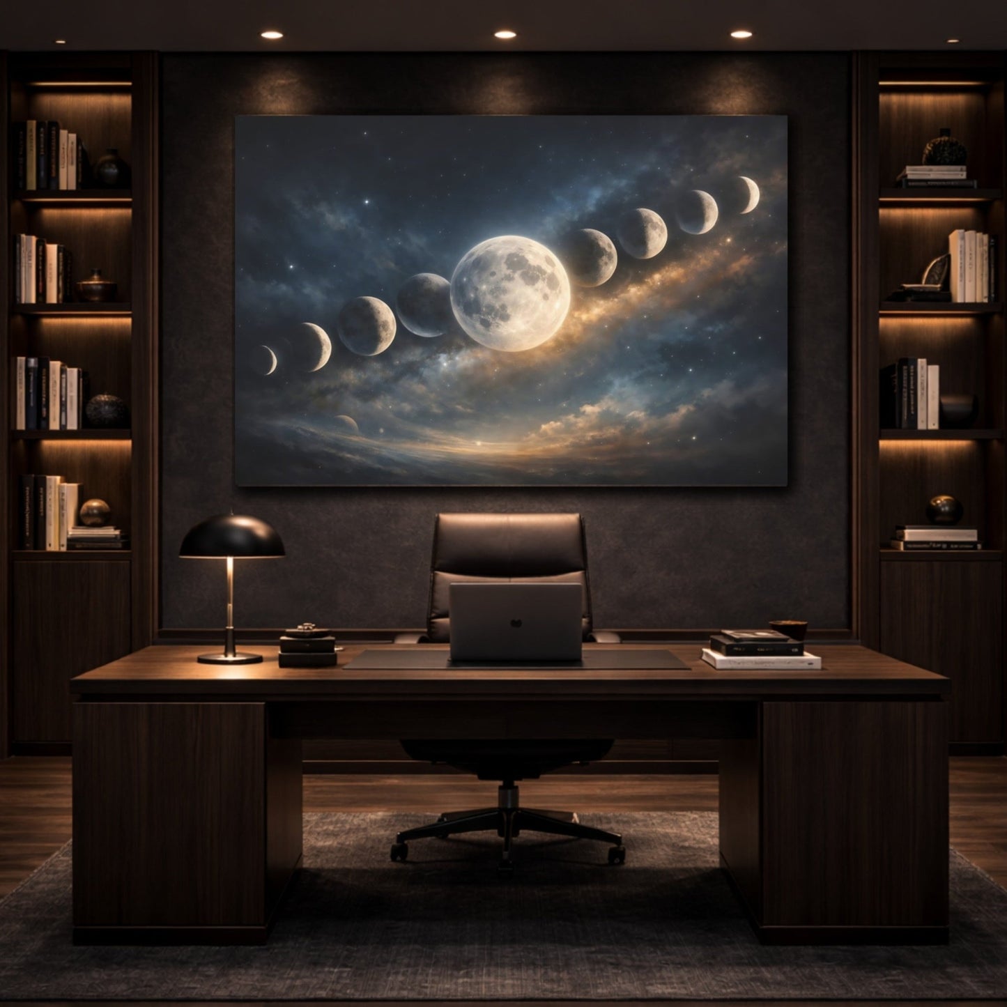 Science Fiction Lunar Phases Blue And Gold Space Art - Canvas Wall Art Print - YesArtYes