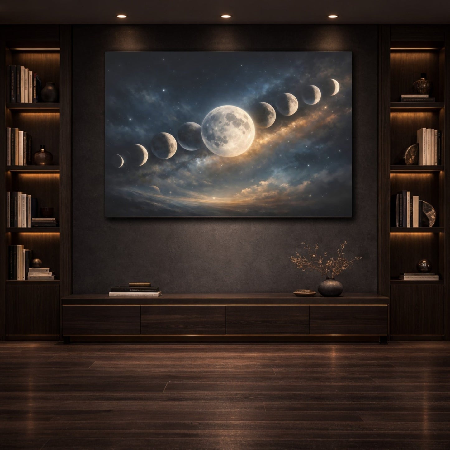Science Fiction Lunar Phases Blue And Gold Space Art - Canvas Wall Art Print - YesArtYes