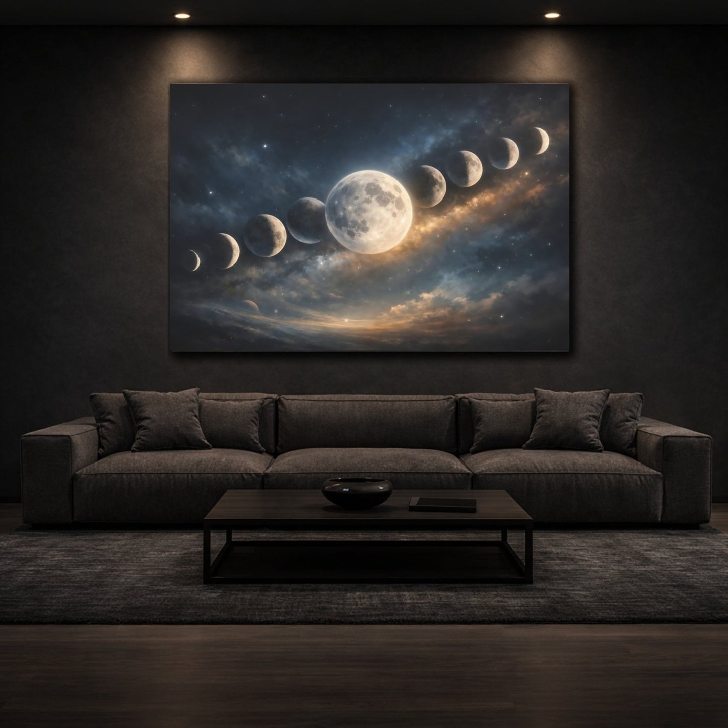 Science Fiction Lunar Phases Blue And Gold Space Art - Canvas Wall Art Print - YesArtYes
