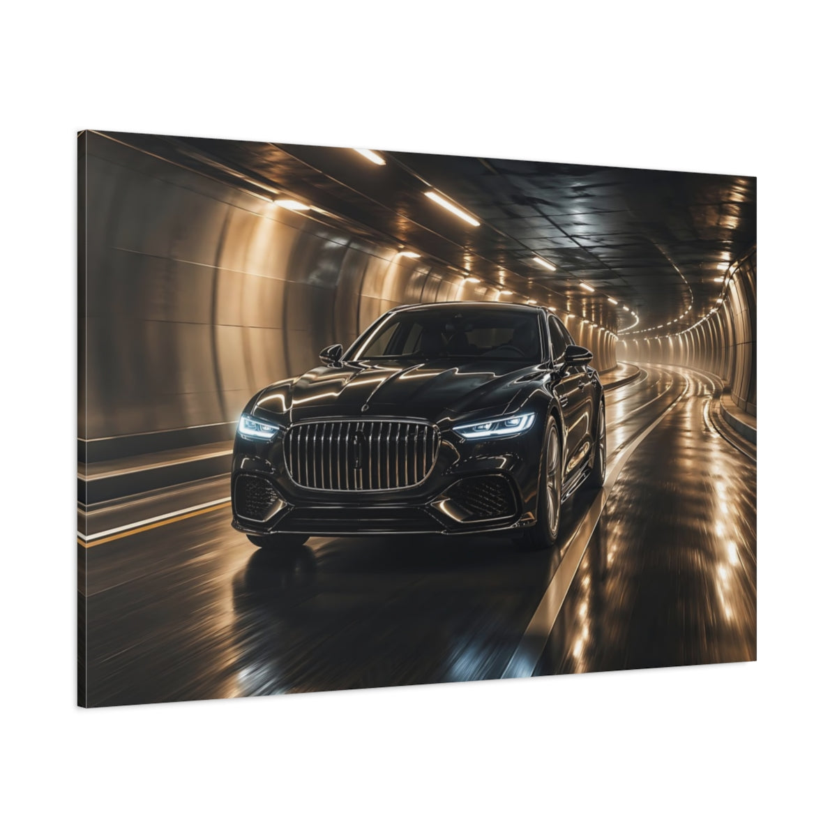 Side Mockup 1. Science Fiction Luxury Car Black And Gold Car shown as stretched canvas wall art