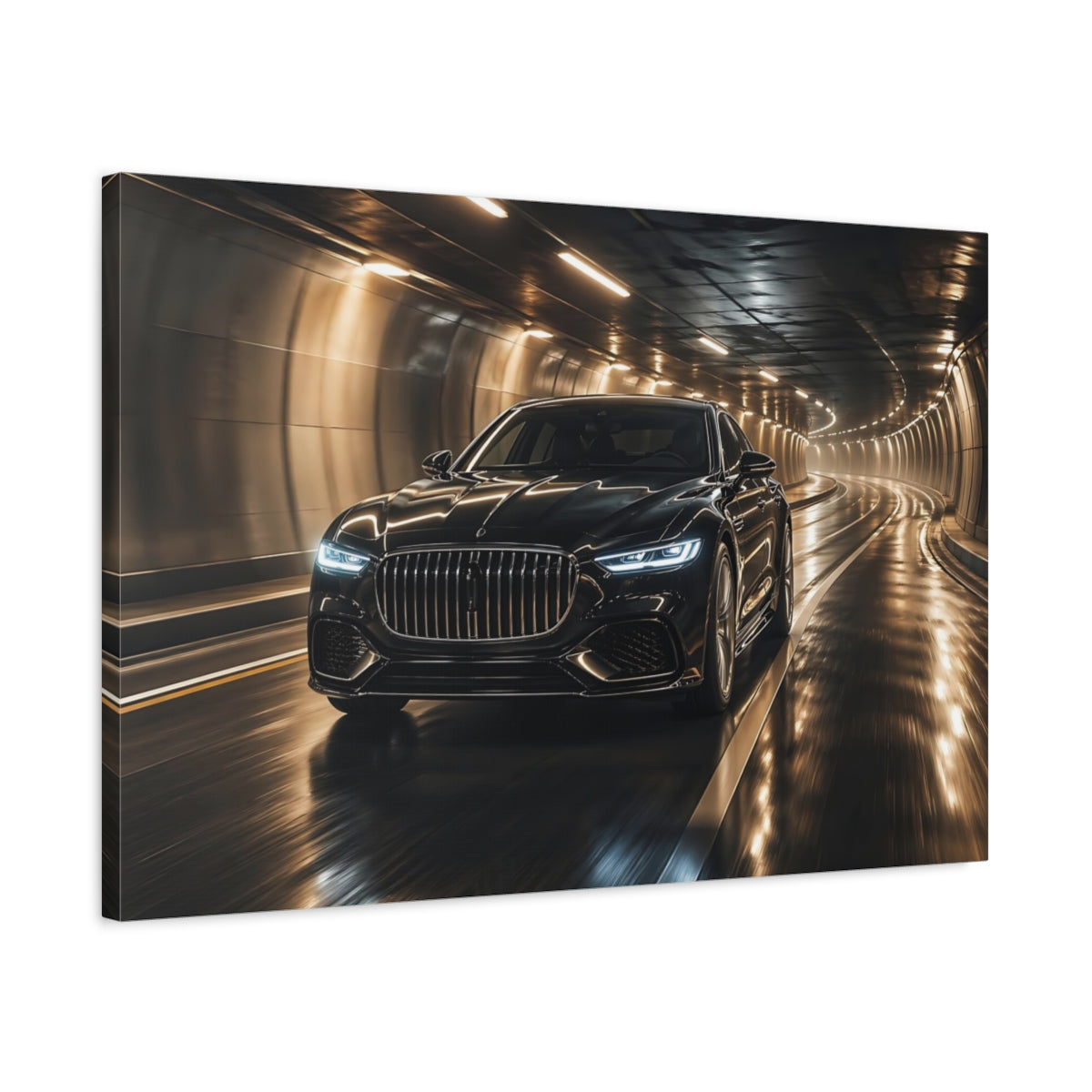 Side Mockup 2. Science Fiction Luxury Car Black And Gold Car shown as stretched canvas wall art