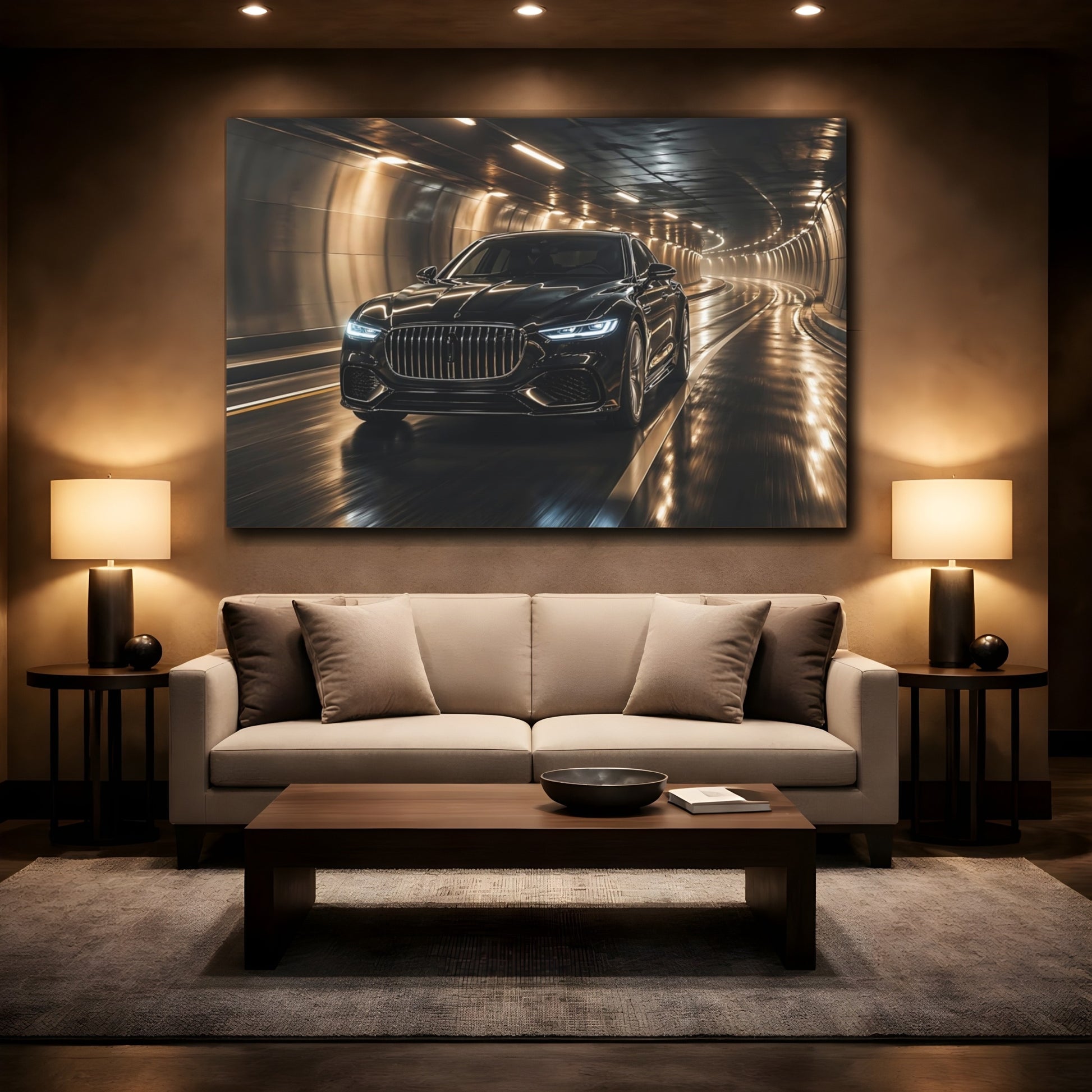 Mockup 2. Science Fiction Luxury Car Black And Gold Car shown as stretched canvas wall art