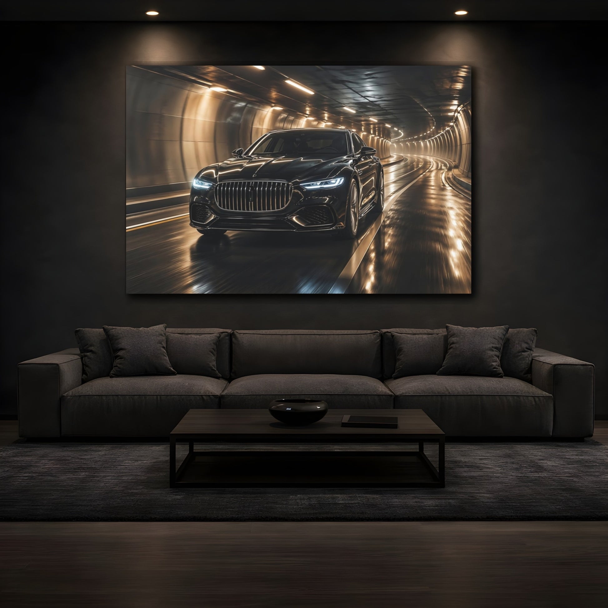 Mockup 3. Science Fiction Luxury Car Black And Gold Car shown as stretched canvas wall art