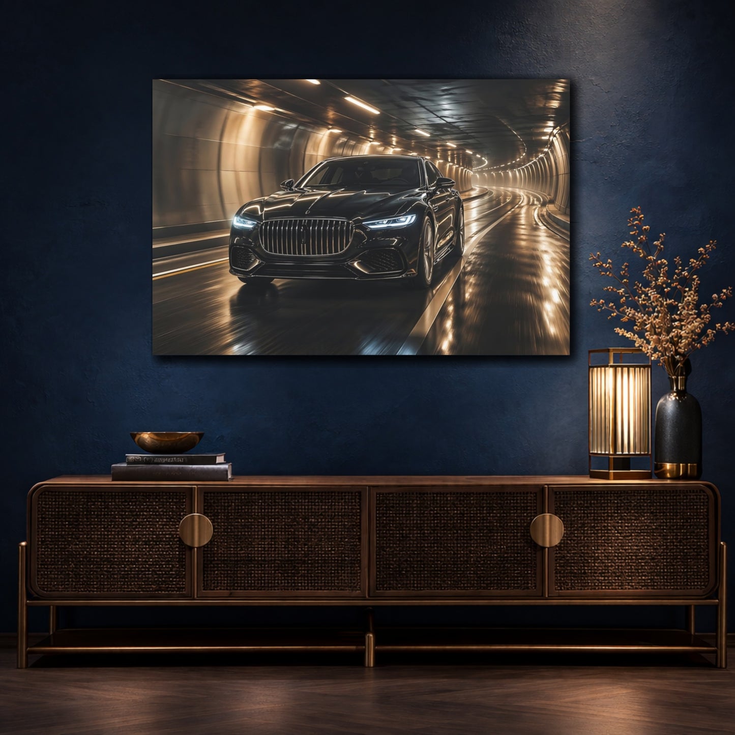 Mockup 4. Science Fiction Luxury Car Black And Gold Car shown as stretched canvas wall art