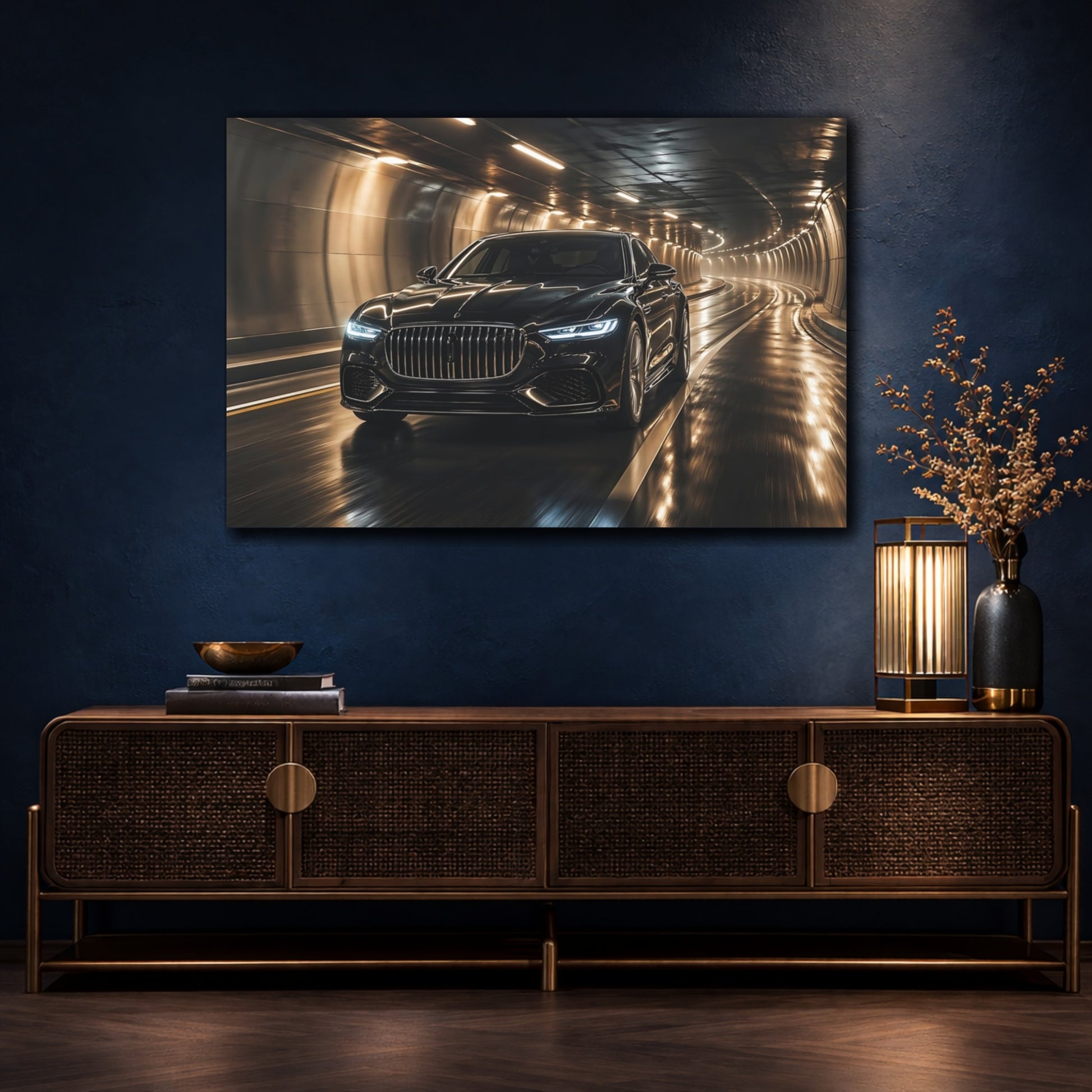 Mockup 4. Science Fiction Luxury Car Black And Gold Car shown as stretched canvas wall art