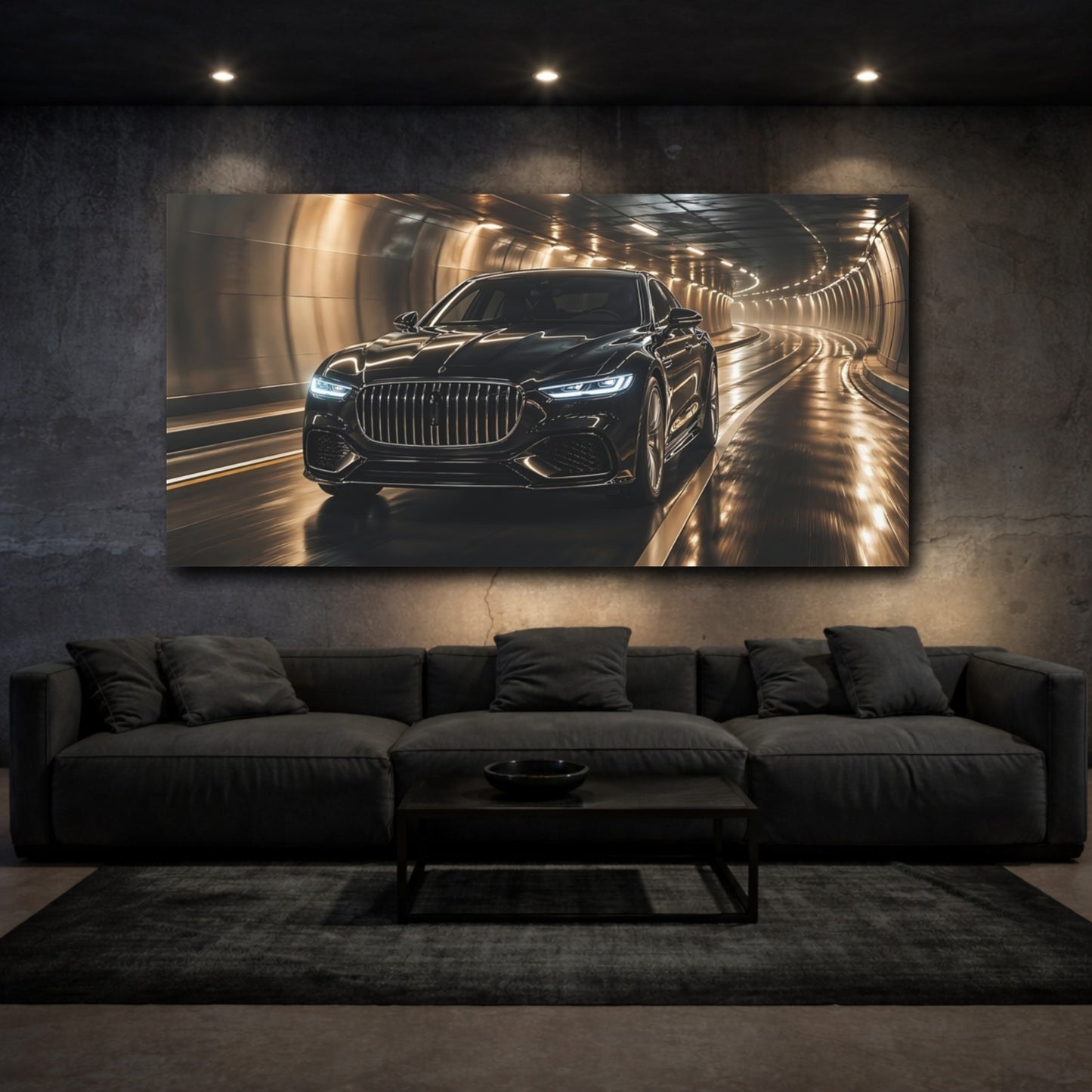 Mockup 2. Science Fiction Luxury Car Black And Gold shown as stretched canvas wall art
