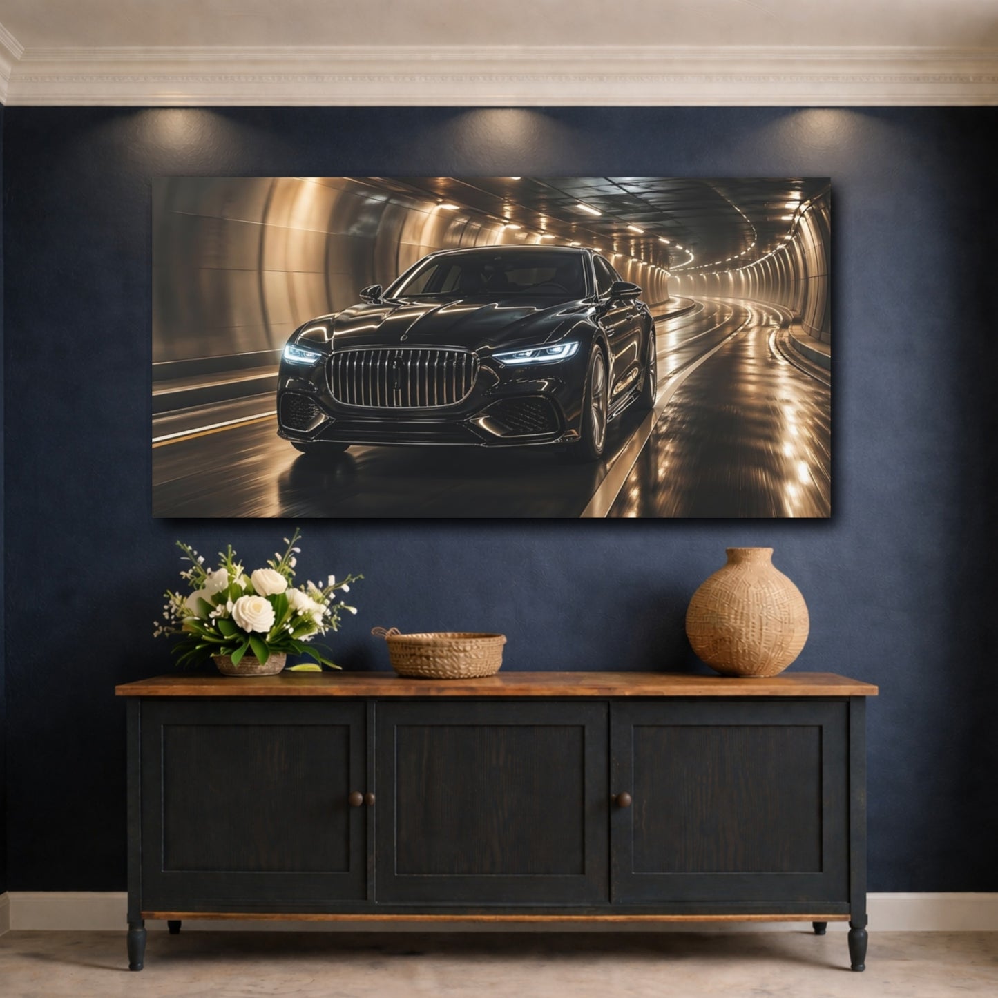 Mockup 4. Science Fiction Luxury Car Black And Gold shown as stretched canvas wall art