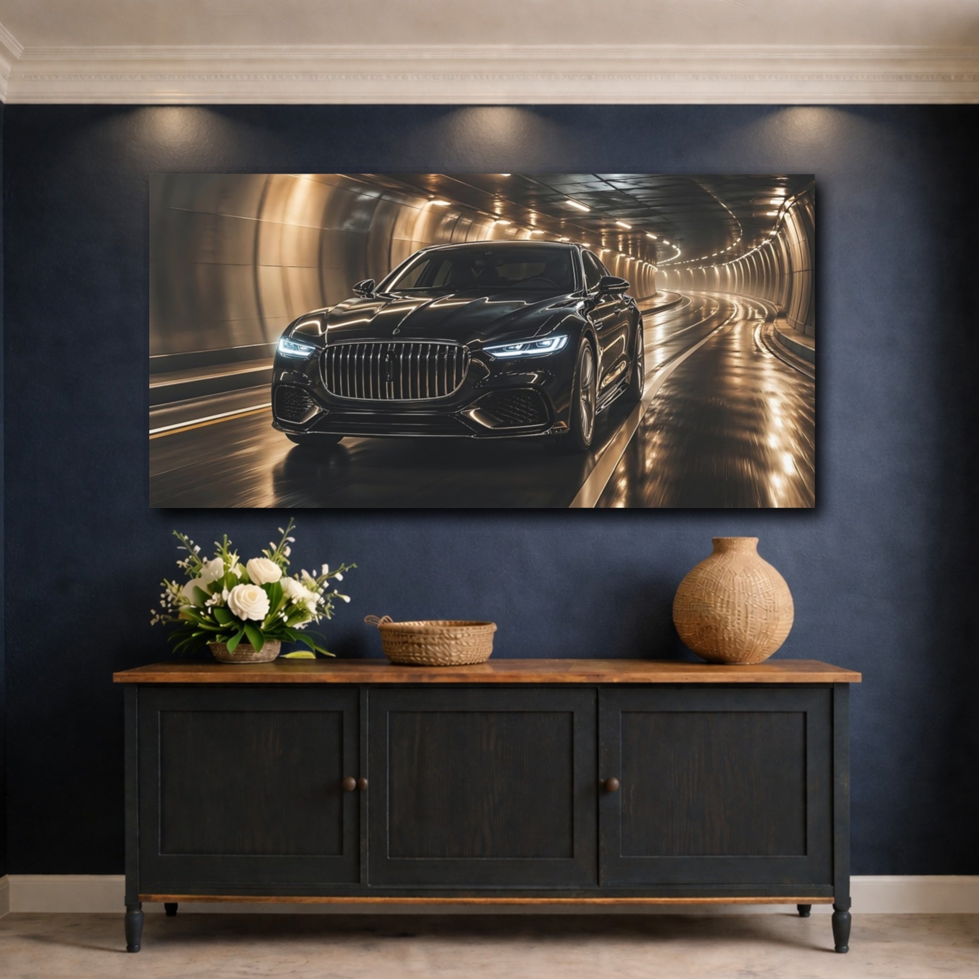 Mockup 4. Science Fiction Luxury Car Black And Gold shown as stretched canvas wall art