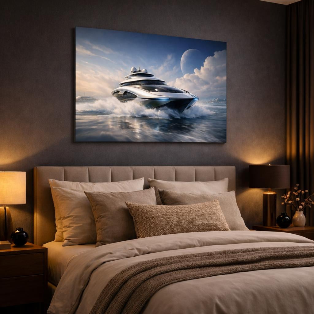 Science Fiction Luxury Yacht shown as canvas wall art in a luxury bedroom