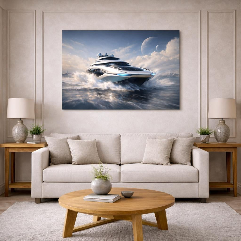 Science Fiction Luxury Yacht shown as canvas wall art in a modern living room