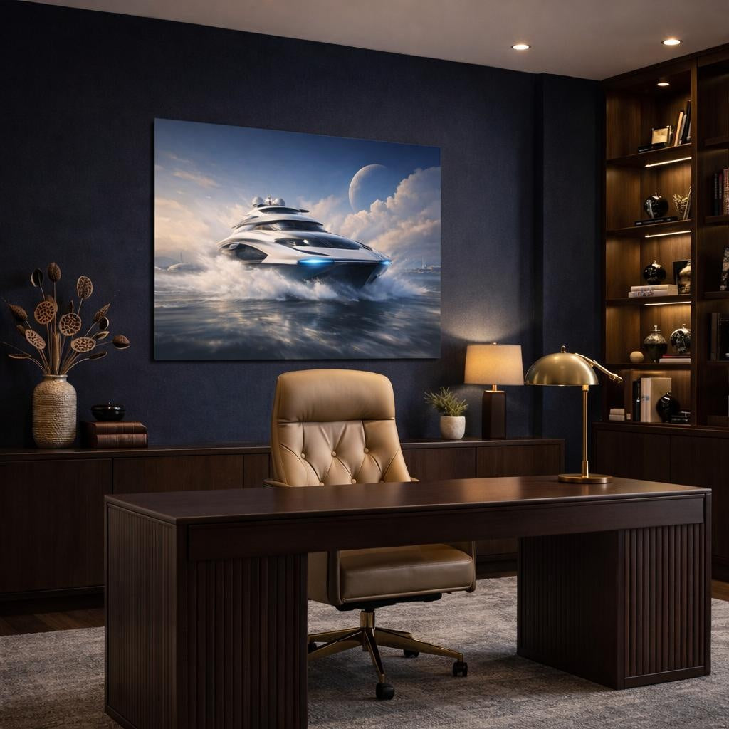 Science Fiction Luxury Yacht shown as canvas wall art in a refined dining room