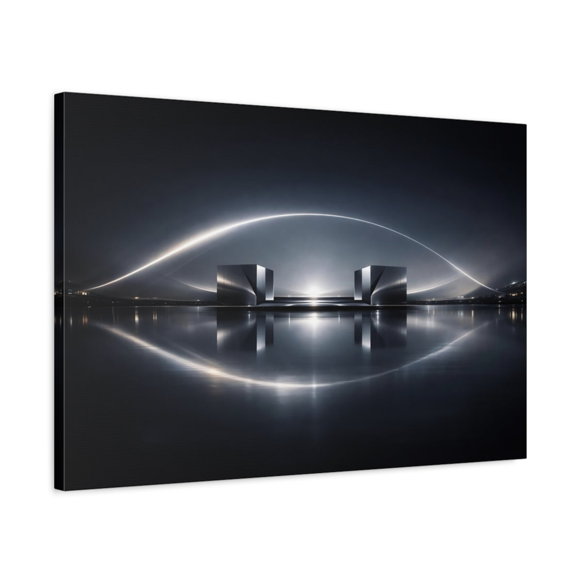 Side Mockup 2. Science Fiction Metallic Structures Silver And Dark shown as stretched canvas wall art