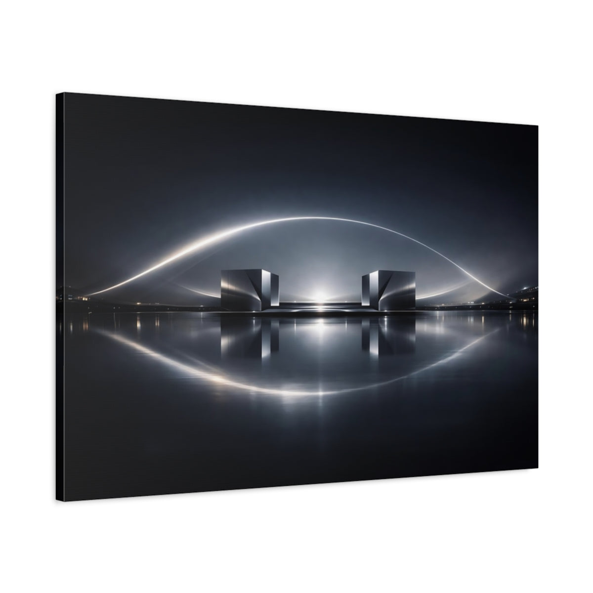Side Mockup 1. Science Fiction Metallic Structures Silver And Dark shown as stretched canvas wall art