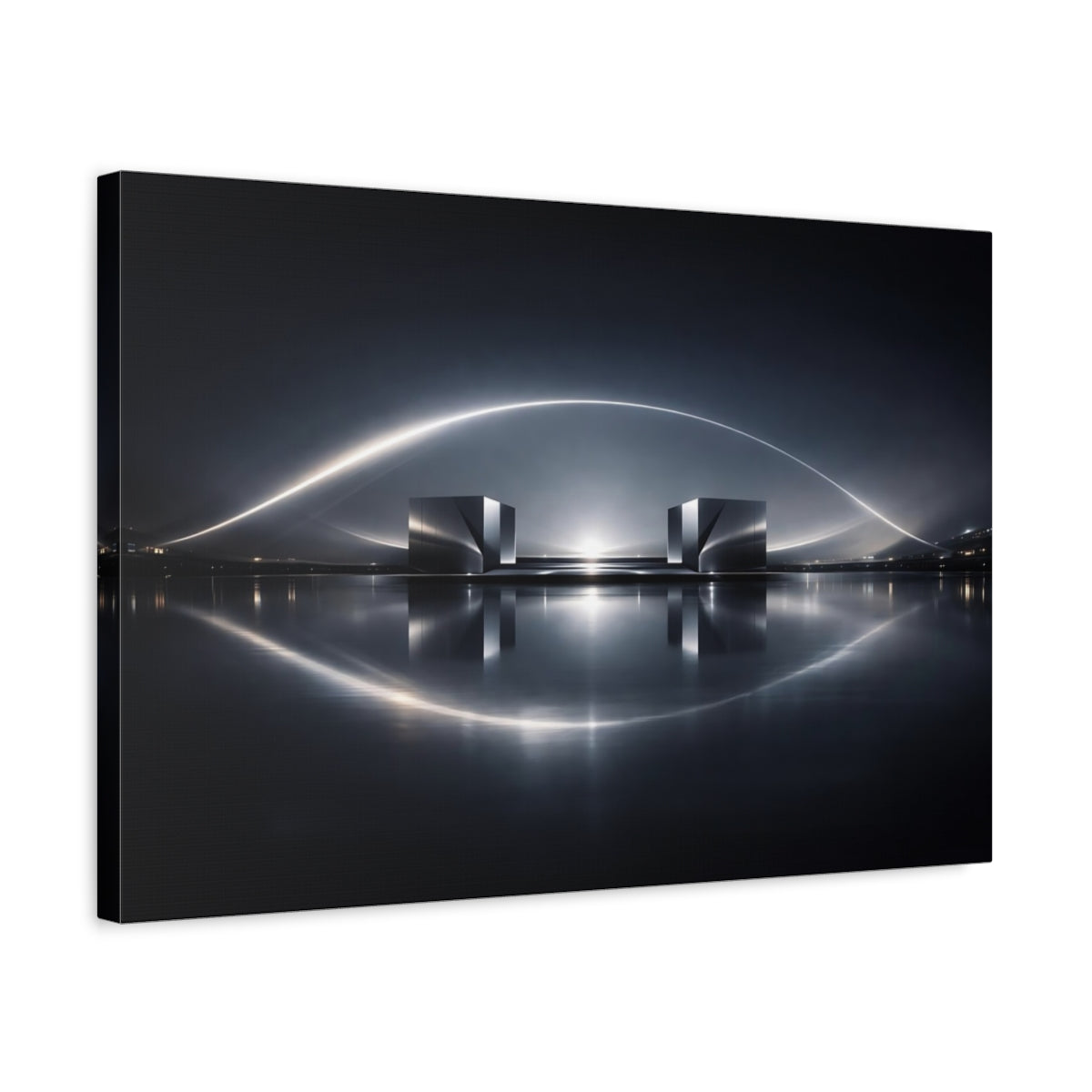 Side Mockup 3. Science Fiction Metallic Structures Silver And Dark shown as stretched canvas wall art