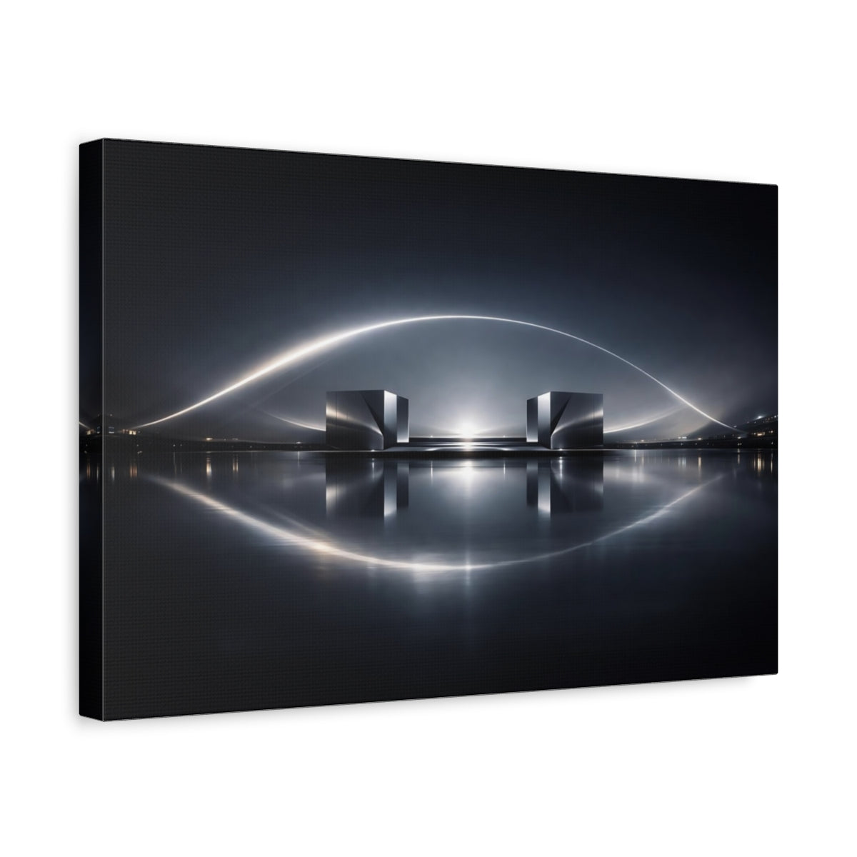Side Mockup 4. Science Fiction Metallic Structures Silver And Dark shown as stretched canvas wall art