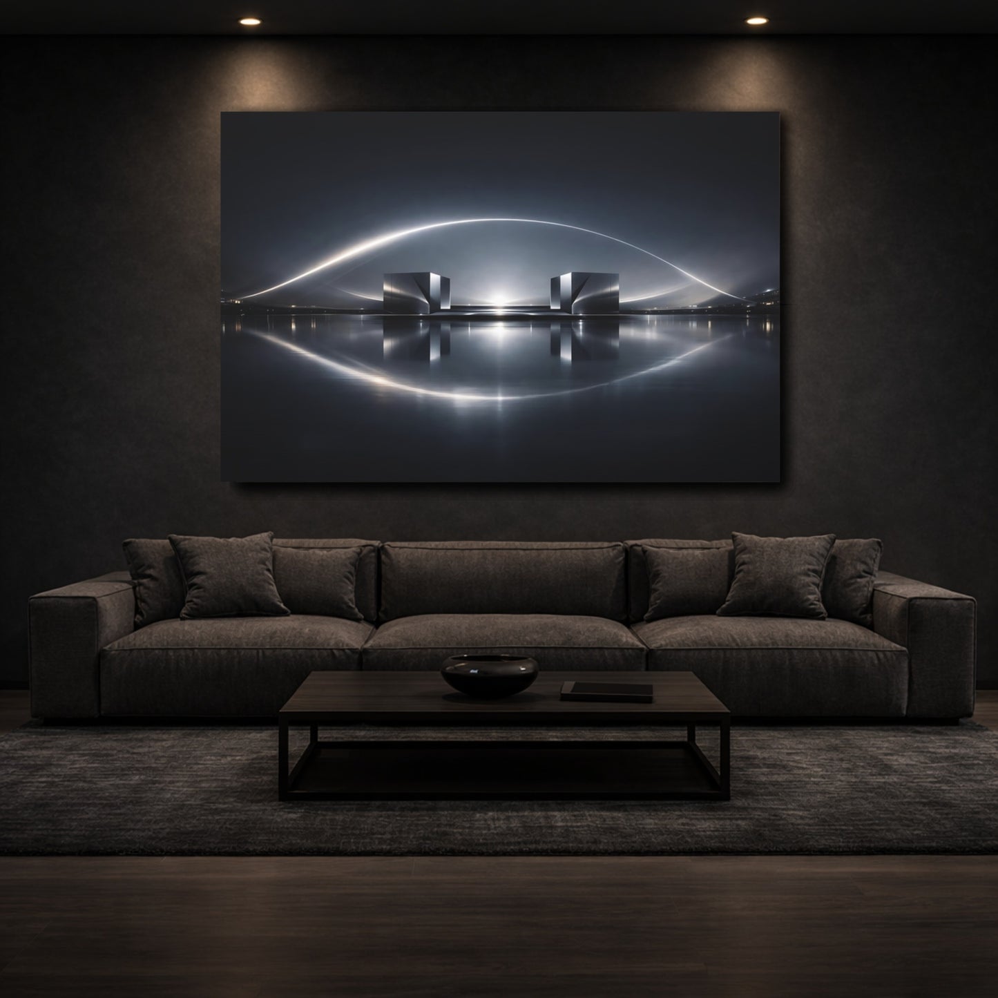 Mockup 2. Science Fiction Metallic Structures Silver And Dark shown as stretched canvas wall art