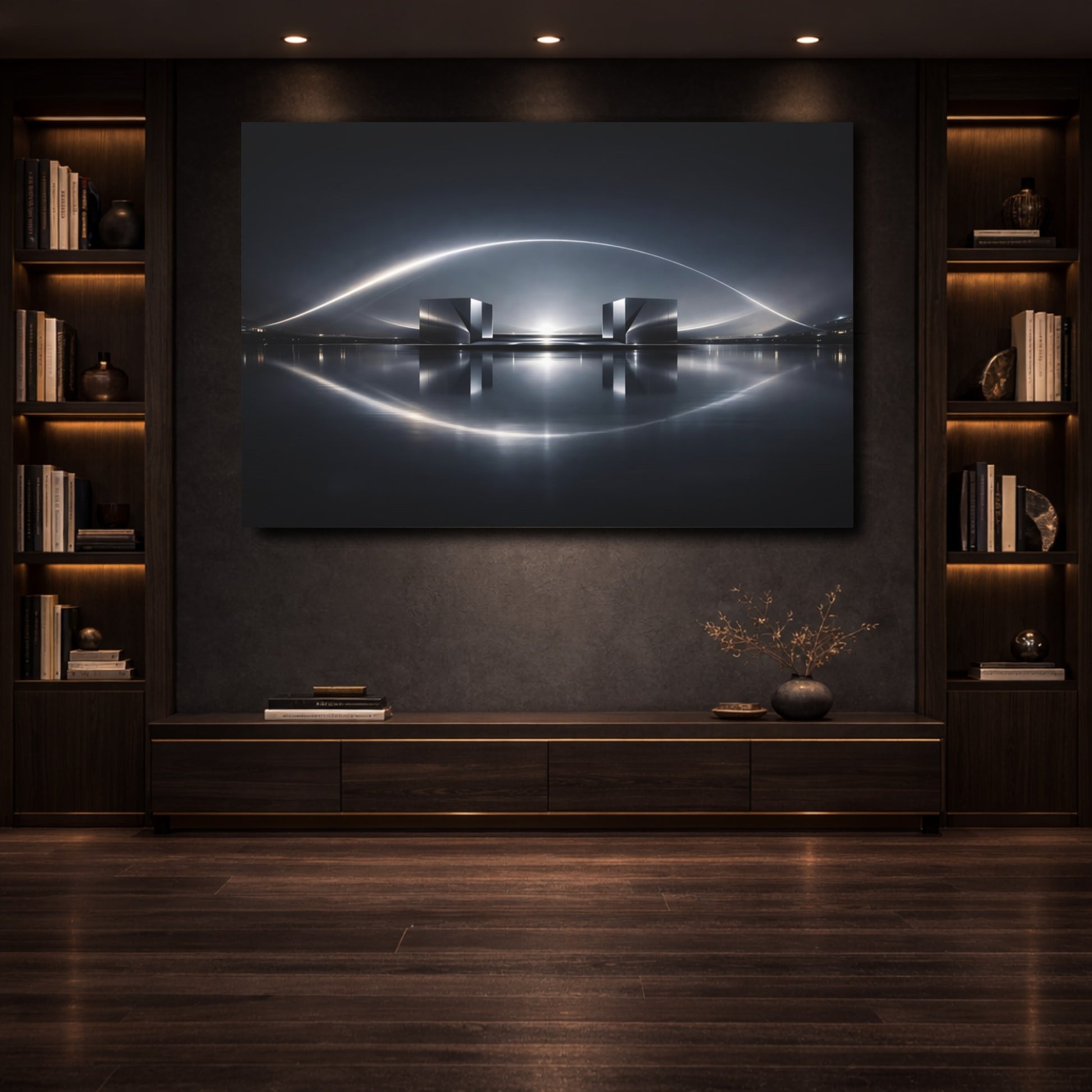 Mockup 3. Science Fiction Metallic Structures Silver And Dark shown as stretched canvas wall art