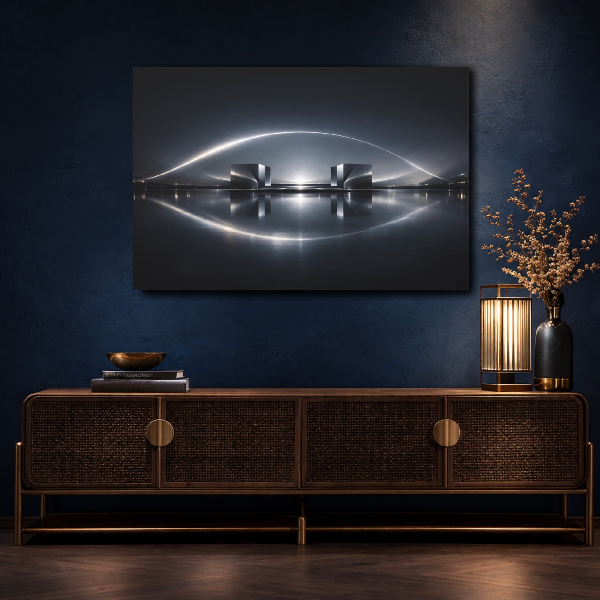 Mockup 4. Science Fiction Metallic Structures Silver And Dark shown as stretched canvas wall art