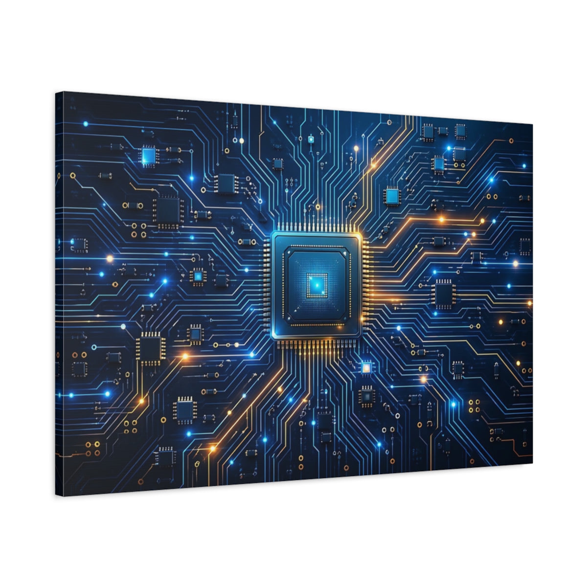Main Mockup. Science Fiction Microchip Blue Orange Technology shown as stretched canvas wall art