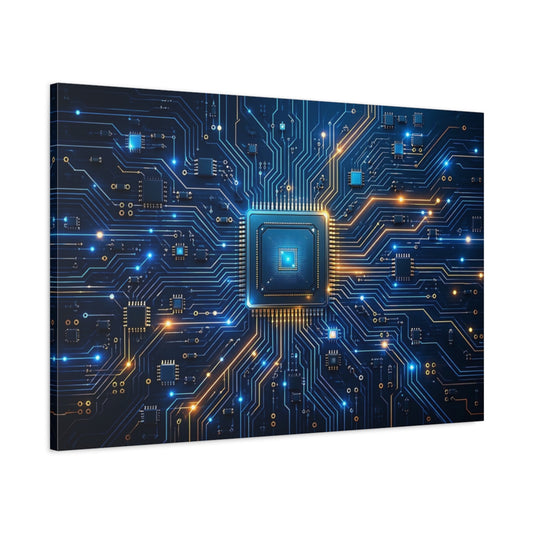 Main Mockup. Science Fiction Microchip Blue Orange Technology shown as stretched canvas wall art