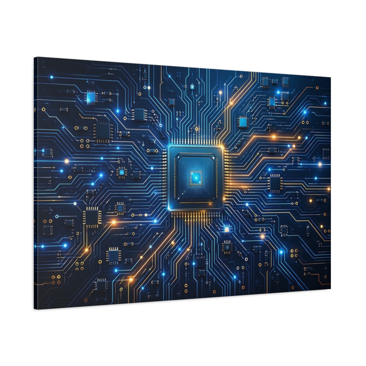Side Mockup 1. Science Fiction Microchip Blue Orange Technology shown as stretched canvas wall art