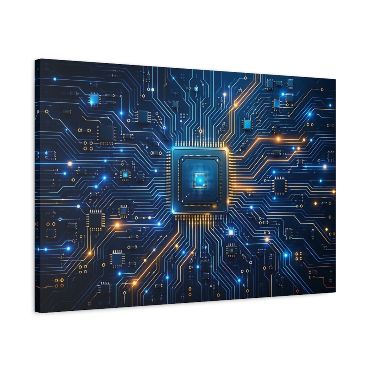 Side Mockup 2. Science Fiction Microchip Blue Orange Technology shown as stretched canvas wall art