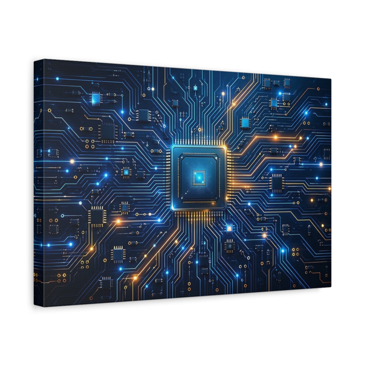 Side Mockup 4. Science Fiction Microchip Blue Orange Technology shown as stretched canvas wall art