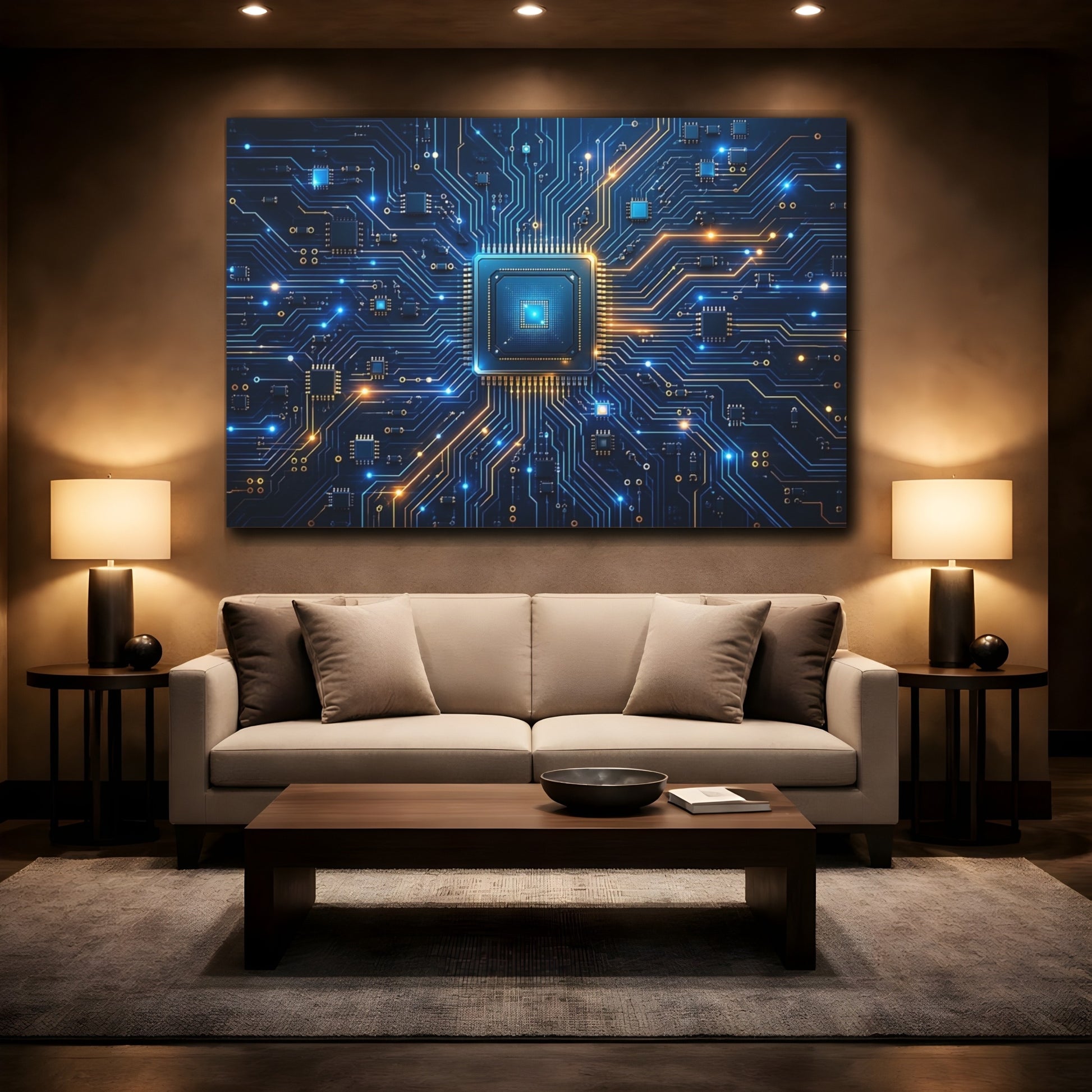 Mockup 2. Science Fiction Microchip Blue Orange Technology shown as stretched canvas wall art