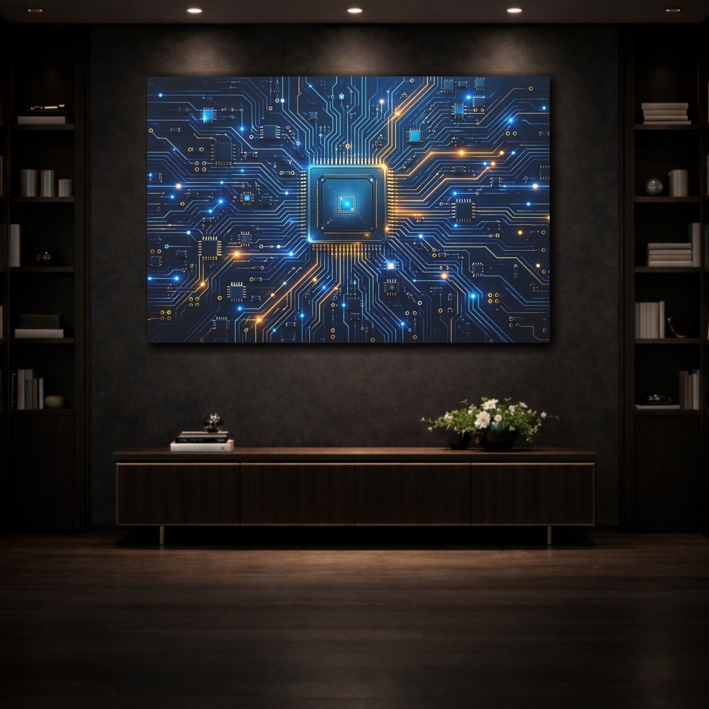 Mockup 3. Science Fiction Microchip Blue Orange Technology shown as stretched canvas wall art