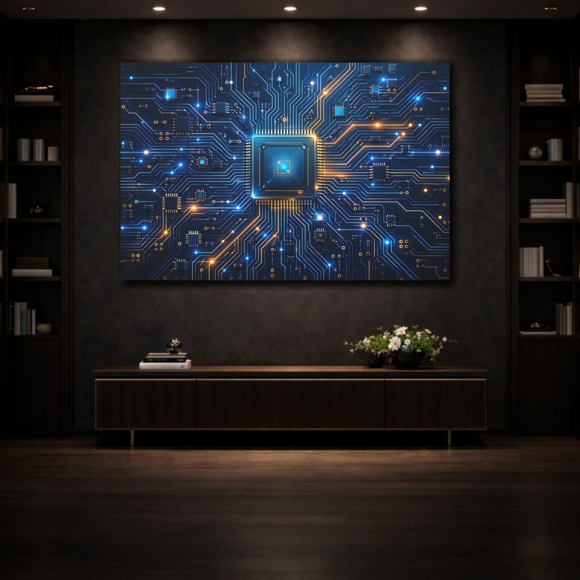 Mockup 3. Science Fiction Microchip Blue Orange Technology shown as stretched canvas wall art