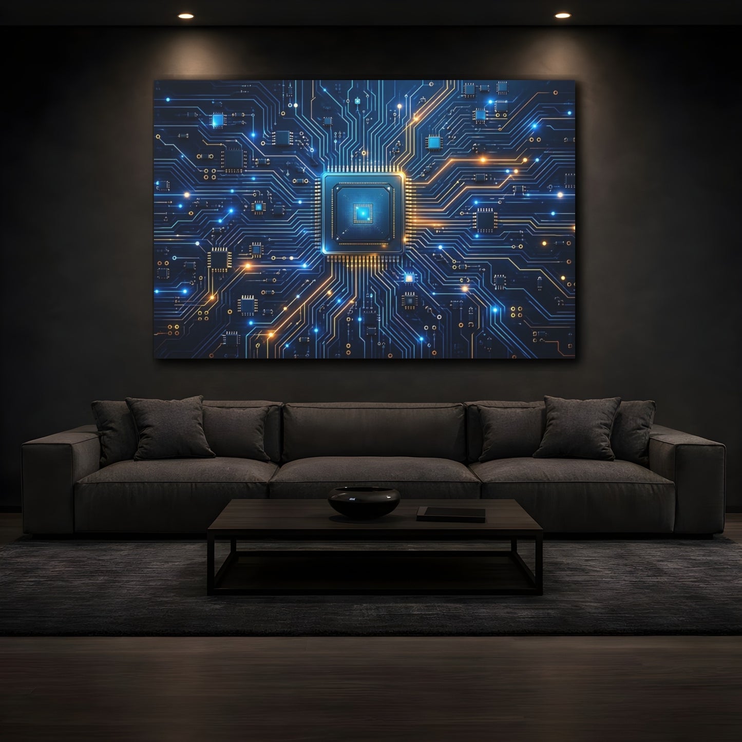 Mockup 4. Science Fiction Microchip Blue Orange Technology shown as stretched canvas wall art