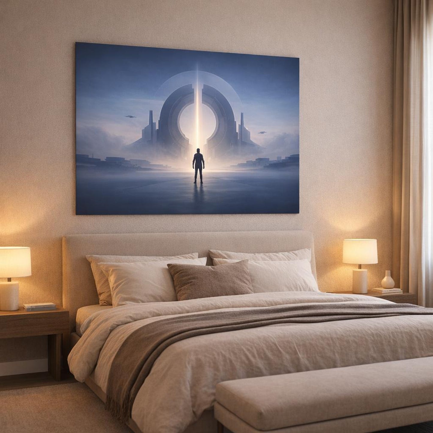 Science Fiction Minimal Form shown as canvas wall art in a luxury bedroom