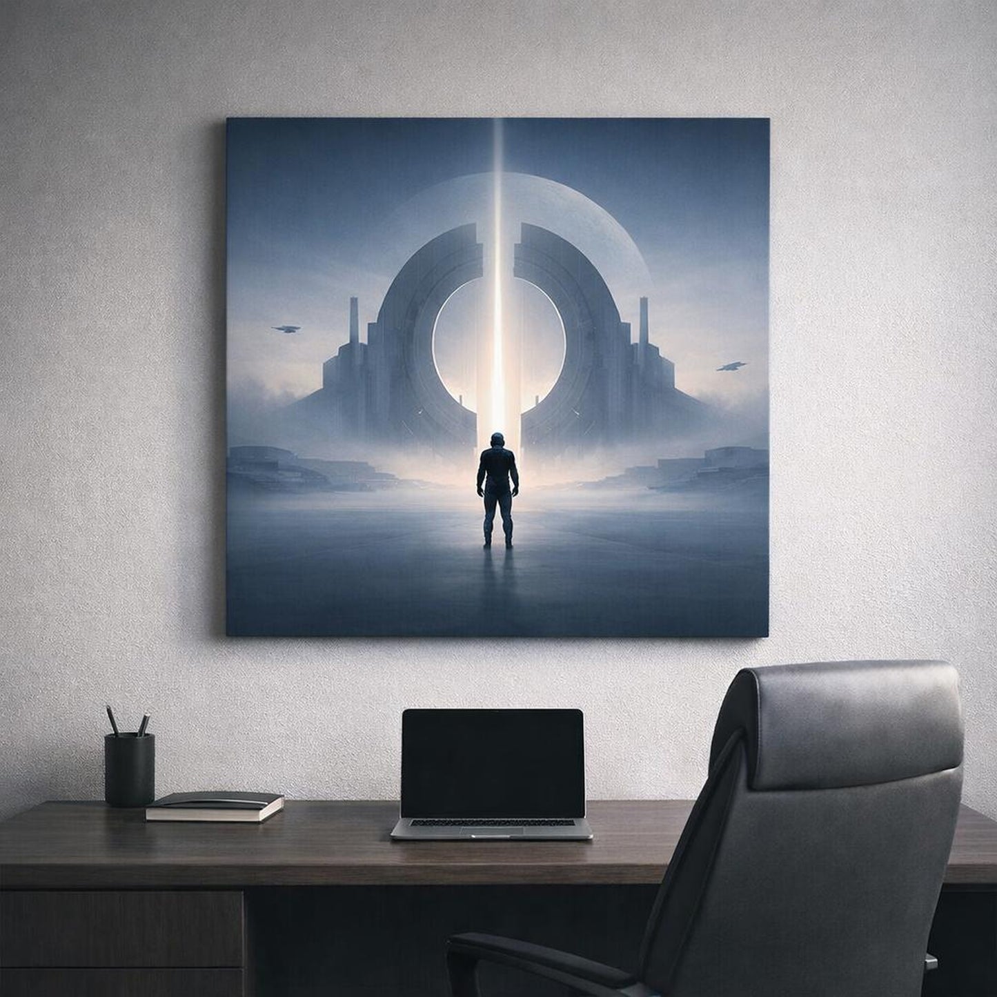 Science Fiction Minimal Form shown as canvas wall art in a refined dining room