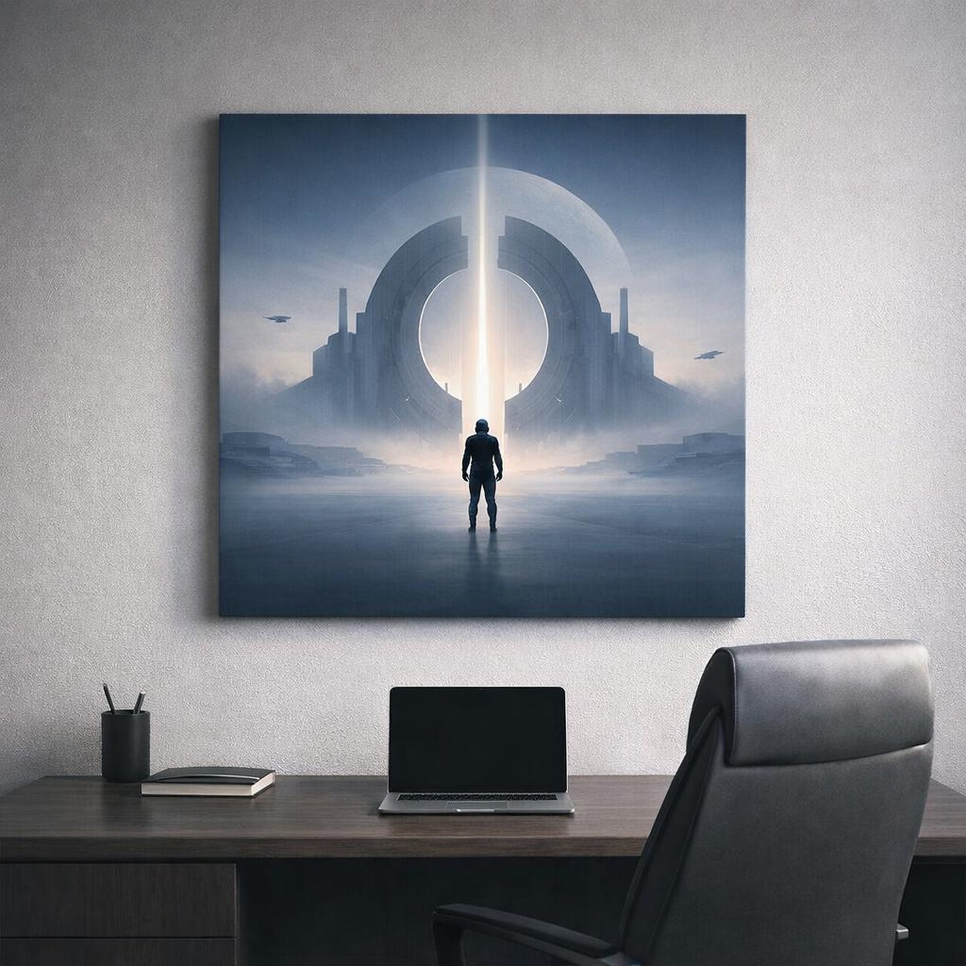 Science Fiction Minimal Form shown as canvas wall art in a refined dining room