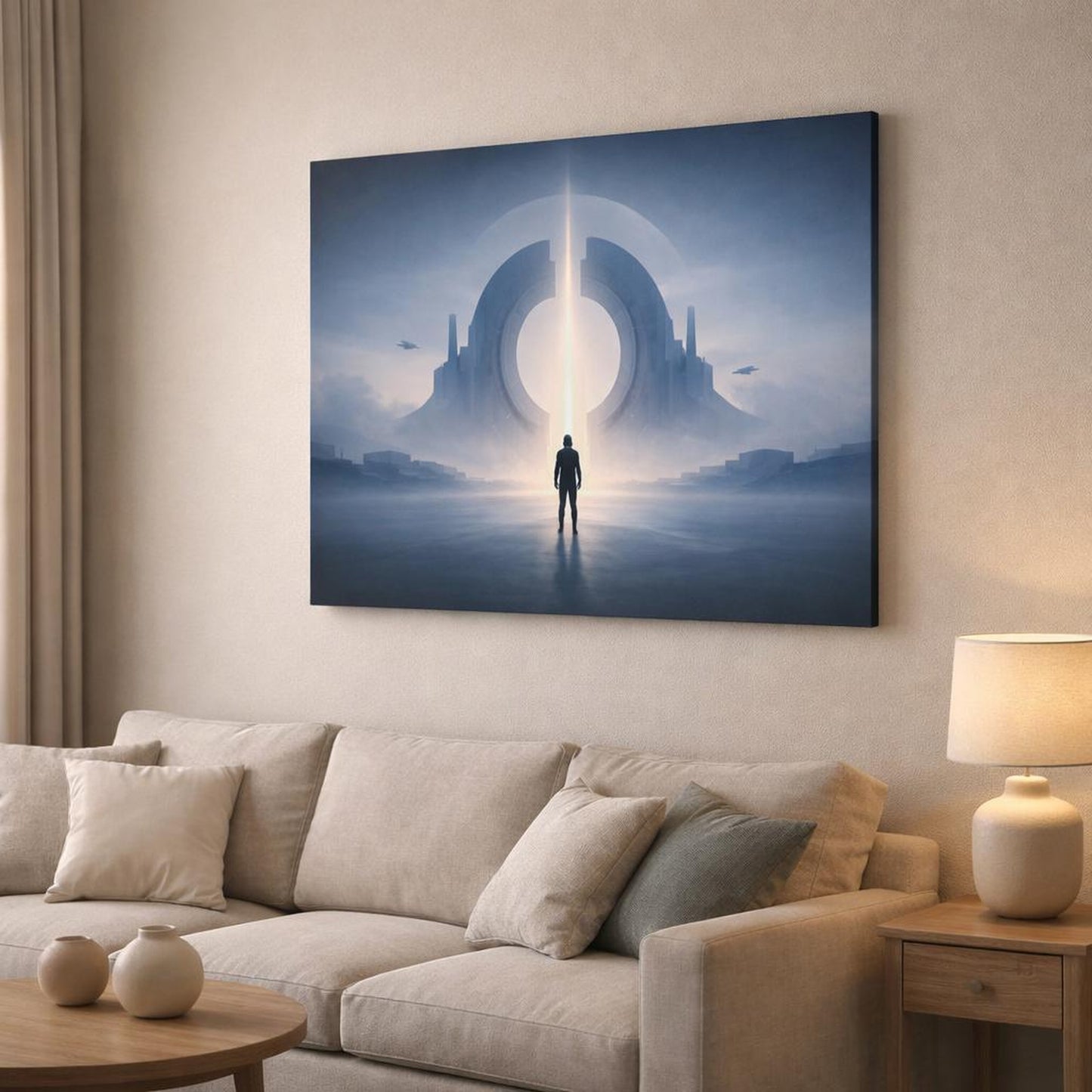 Science Fiction Minimal Form shown as canvas wall art in a modern living room