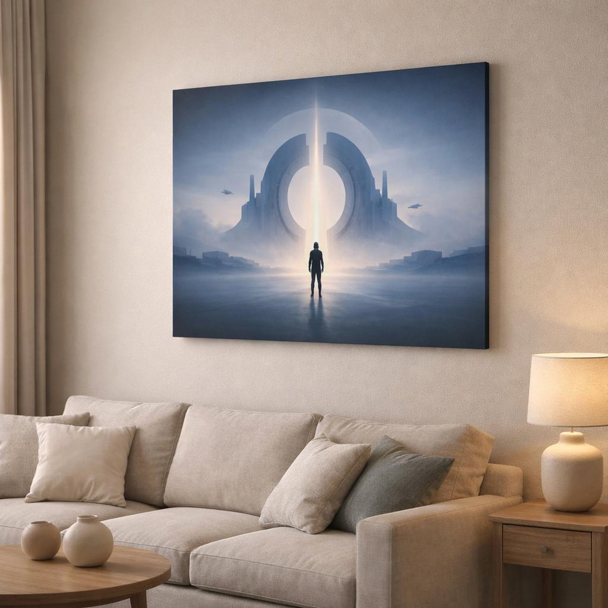 Science Fiction Minimal Form shown as canvas wall art in a modern living room