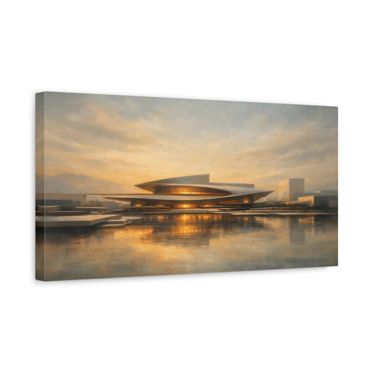 Side Mockup 3. Science Fiction Modern Building Modern Architecture Sunset shown as stretched canvas wall art