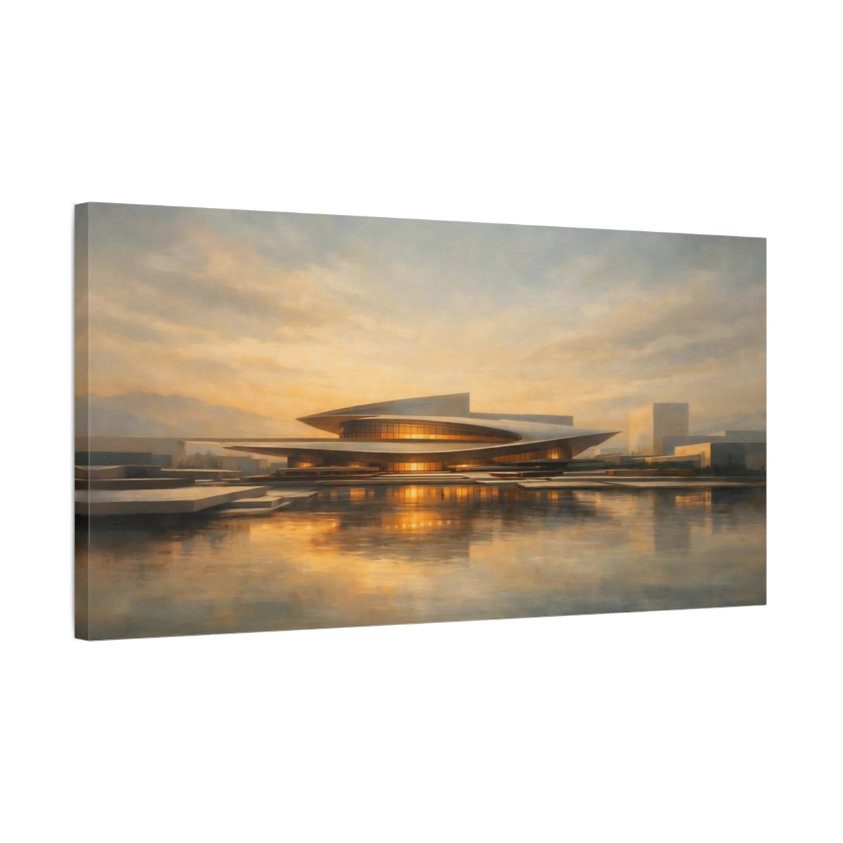 Side Mockup 2. Science Fiction Modern Building Modern Architecture Sunset shown as stretched canvas wall art