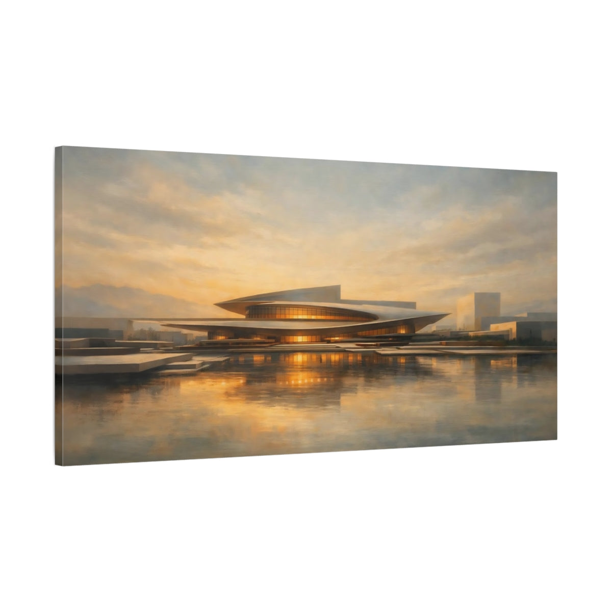 Side Mockup 1. Science Fiction Modern Building Modern Architecture Sunset shown as stretched canvas wall art