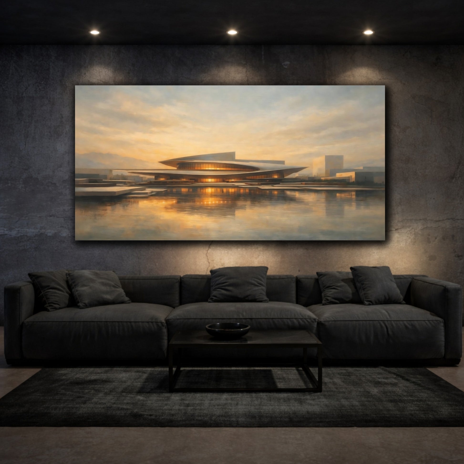 Mockup 2. Science Fiction Modern Building Modern Architecture Sunset shown as stretched canvas wall art